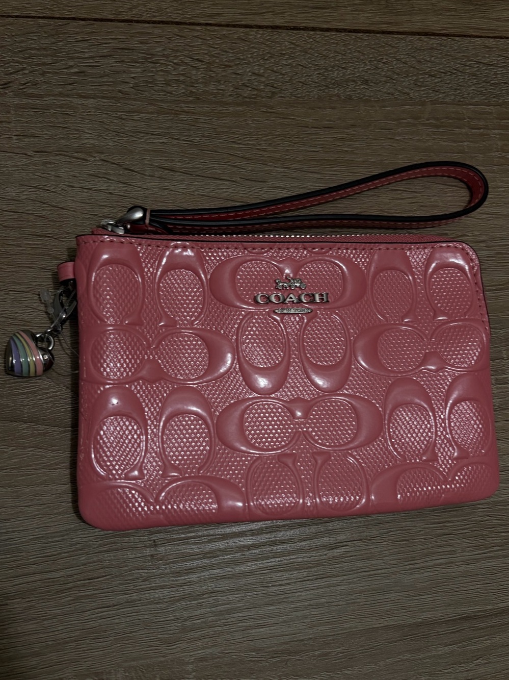 Coach Pink Patent Leather Wristlet with Striped Charm